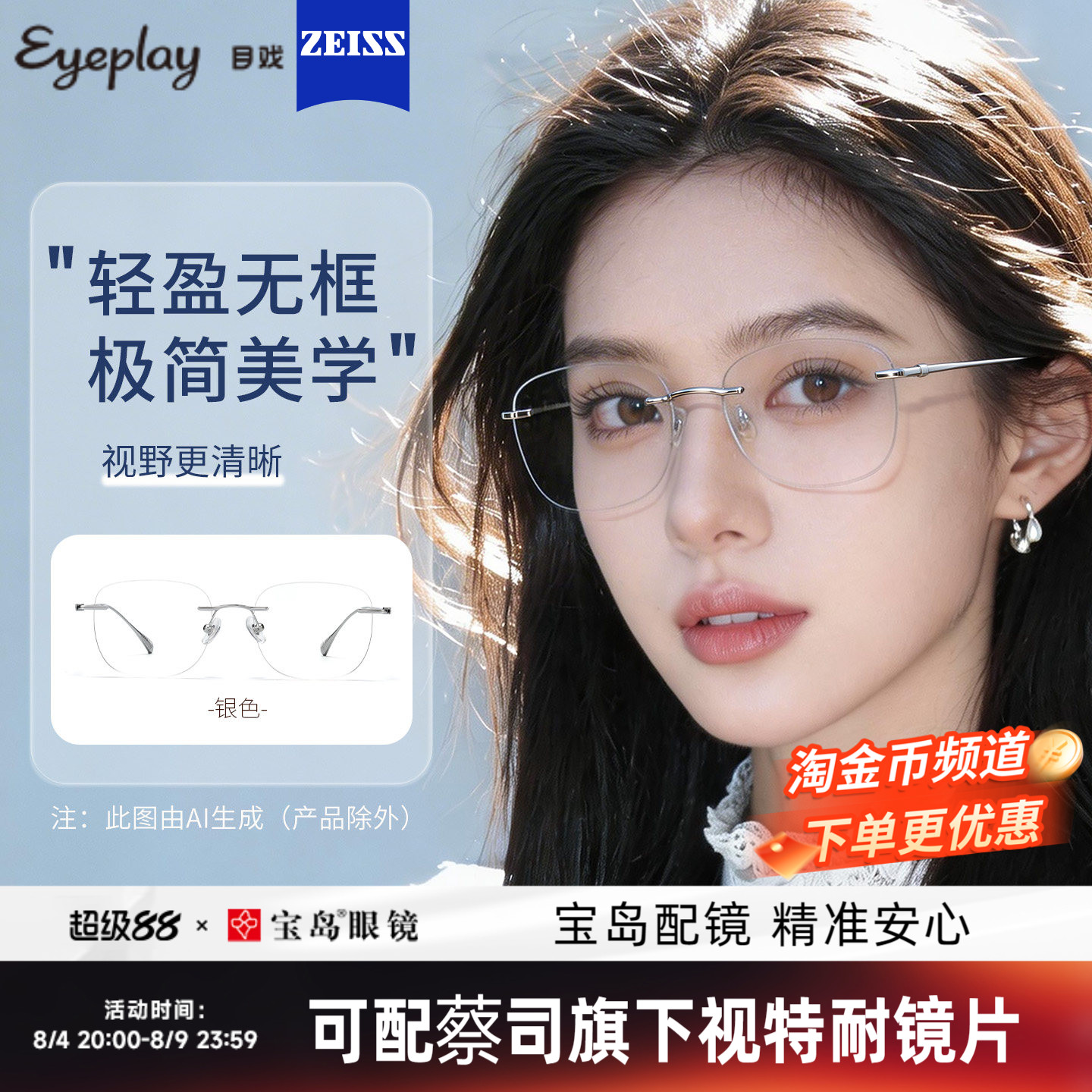 目戏无框眼镜女近视可配度数可选蔡司镜片无边框眼镜框镜架23006 - 实物图