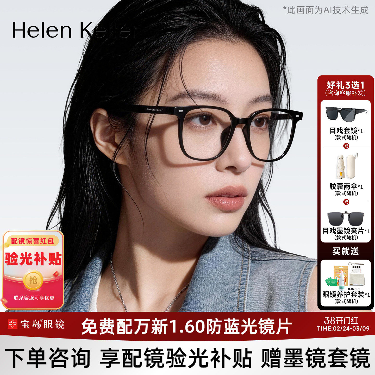 海伦凯勒近视眼镜框女潮流素颜百搭方框光学镜架男H80009&H82617