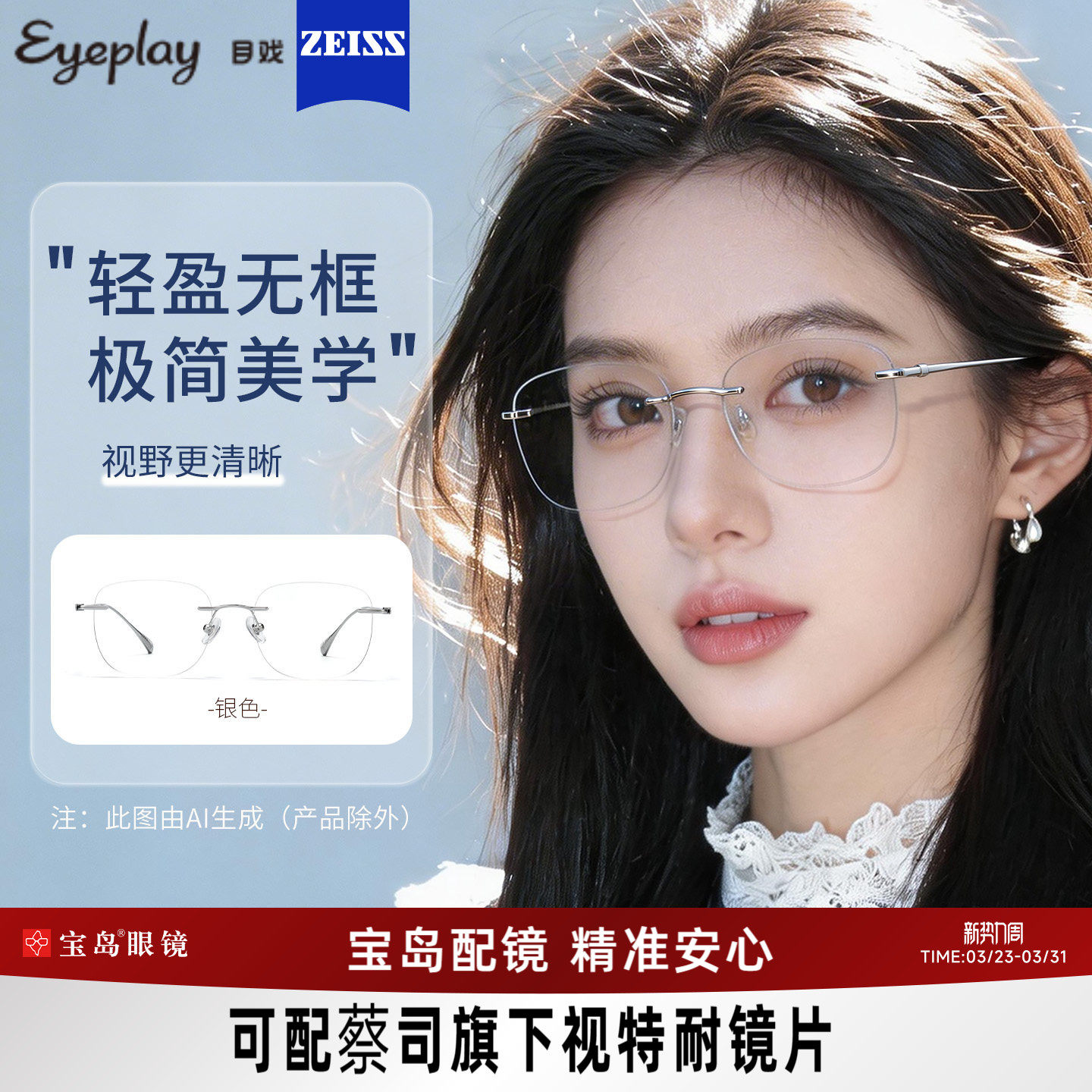 目戏无框眼镜女近视可配度数可选蔡司镜片无边框眼镜框镜架23006