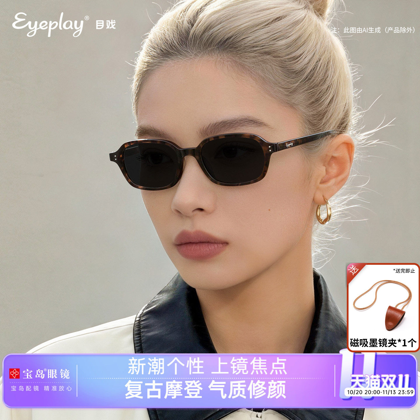 目戏2026新款墨镜女款海边度假老钱风复古玳瑁色窄框太阳镜71002