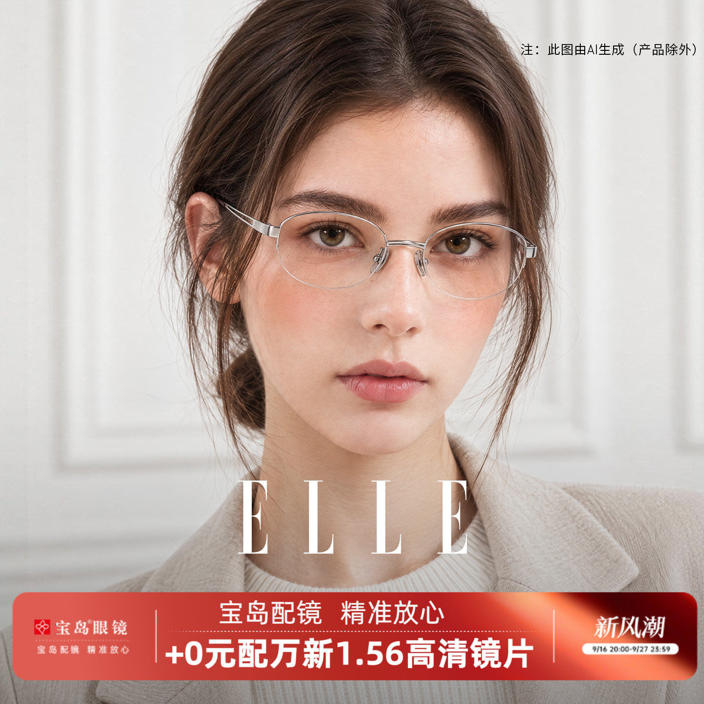 ELLE老钱风高智感金属半框眼镜女