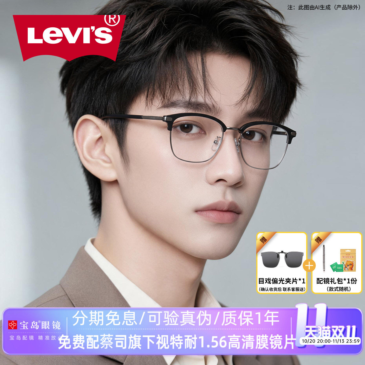 Levis李维斯眼镜半眉毛框眼镜架男士可配近视防蓝光宝岛眼镜4038
