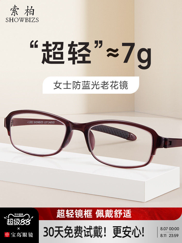 索柏超轻女士老花镜品牌高档正品高清防蓝光老花眼镜中老年人花镜