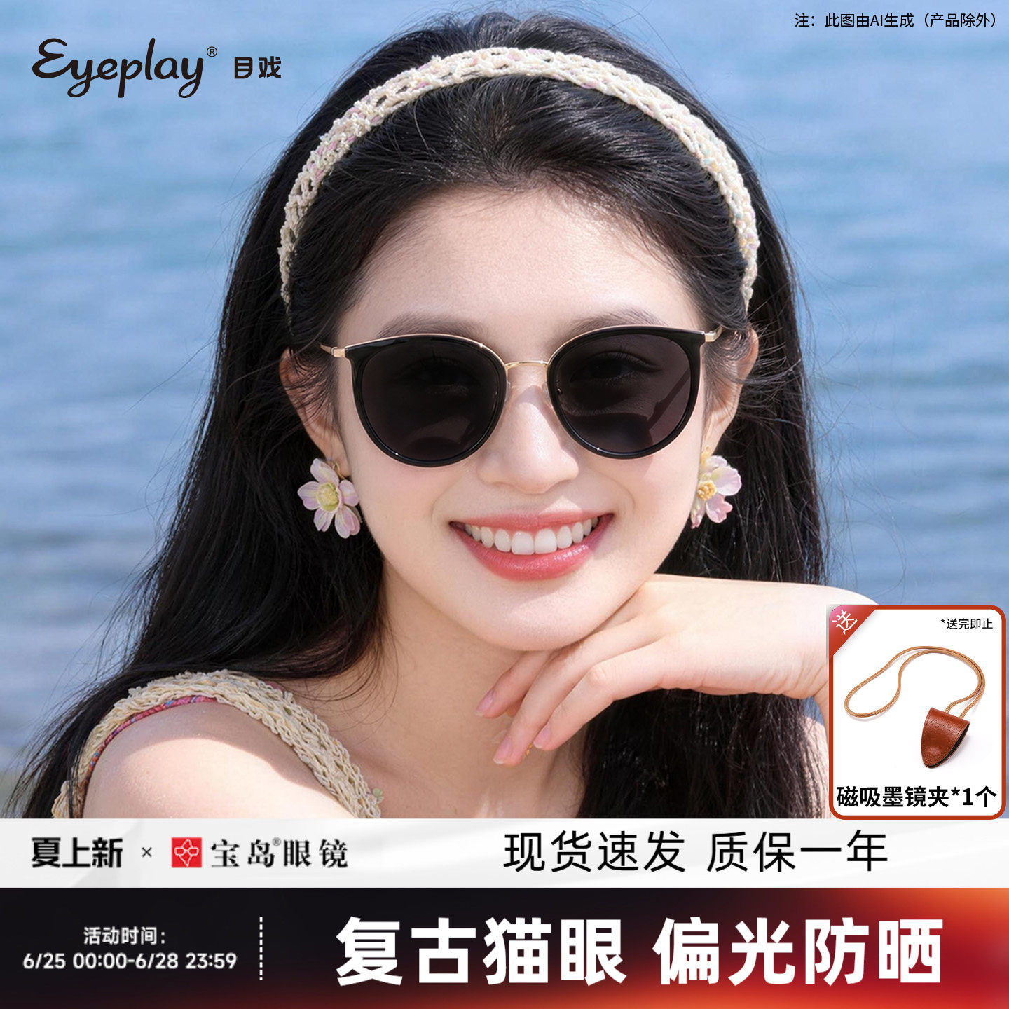 目戏女式高级感墨镜UV400防晒防紫外线太阳镜女偏光太阳眼镜宝岛