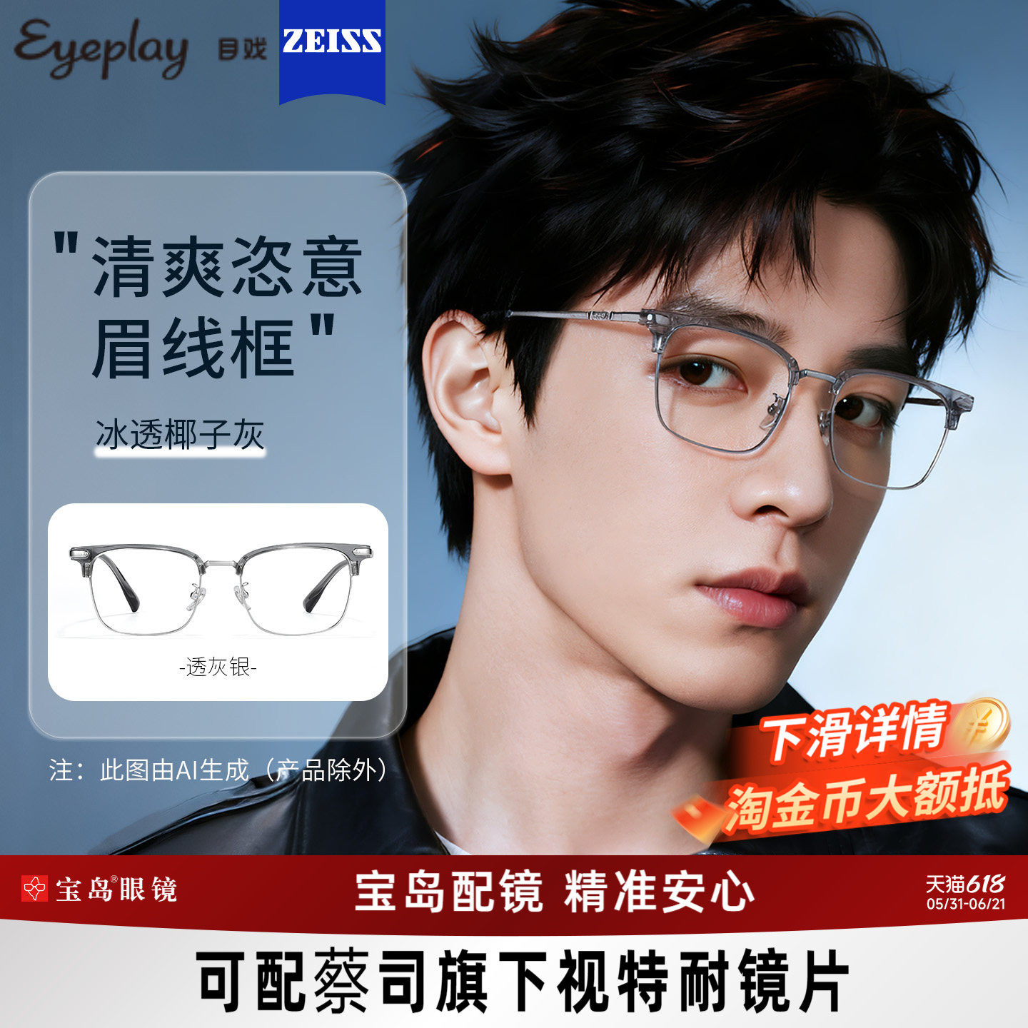 目戏透明斯文近视眼镜可配蔡司度数可选防蓝光眼镜框镜架男71009
