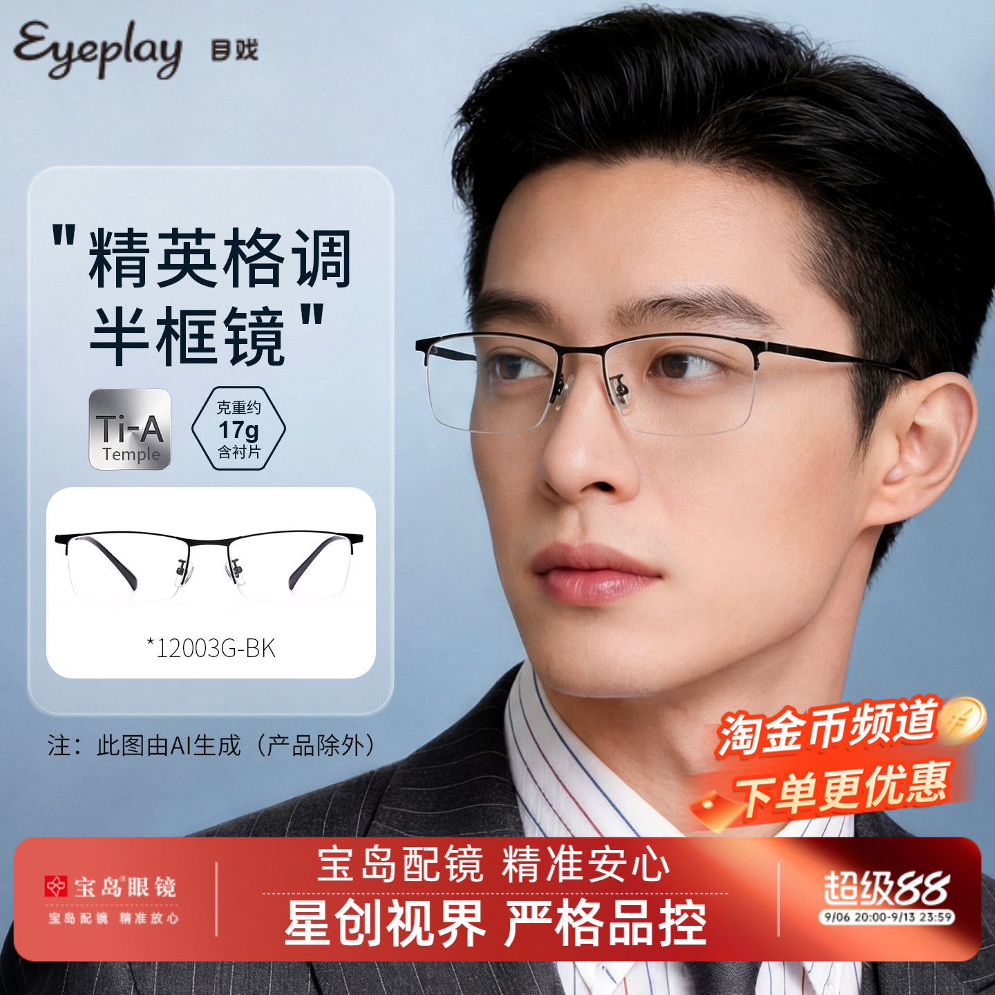 目戏半框近视眼镜男款可配度数光学眼镜框专业网上配眼镜12003