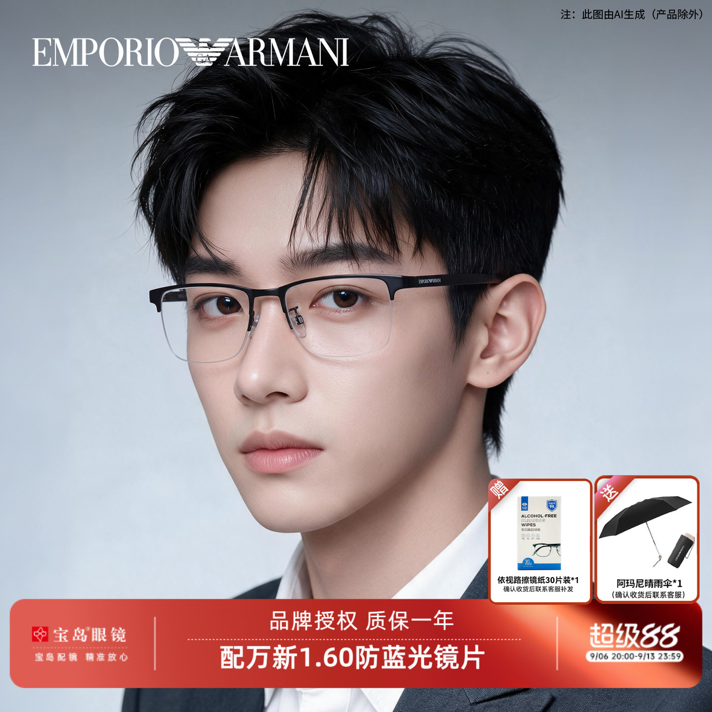 ARMANI阿玛尼眼镜半框架男商务时尚黑色可配近视度数宝岛官方1085