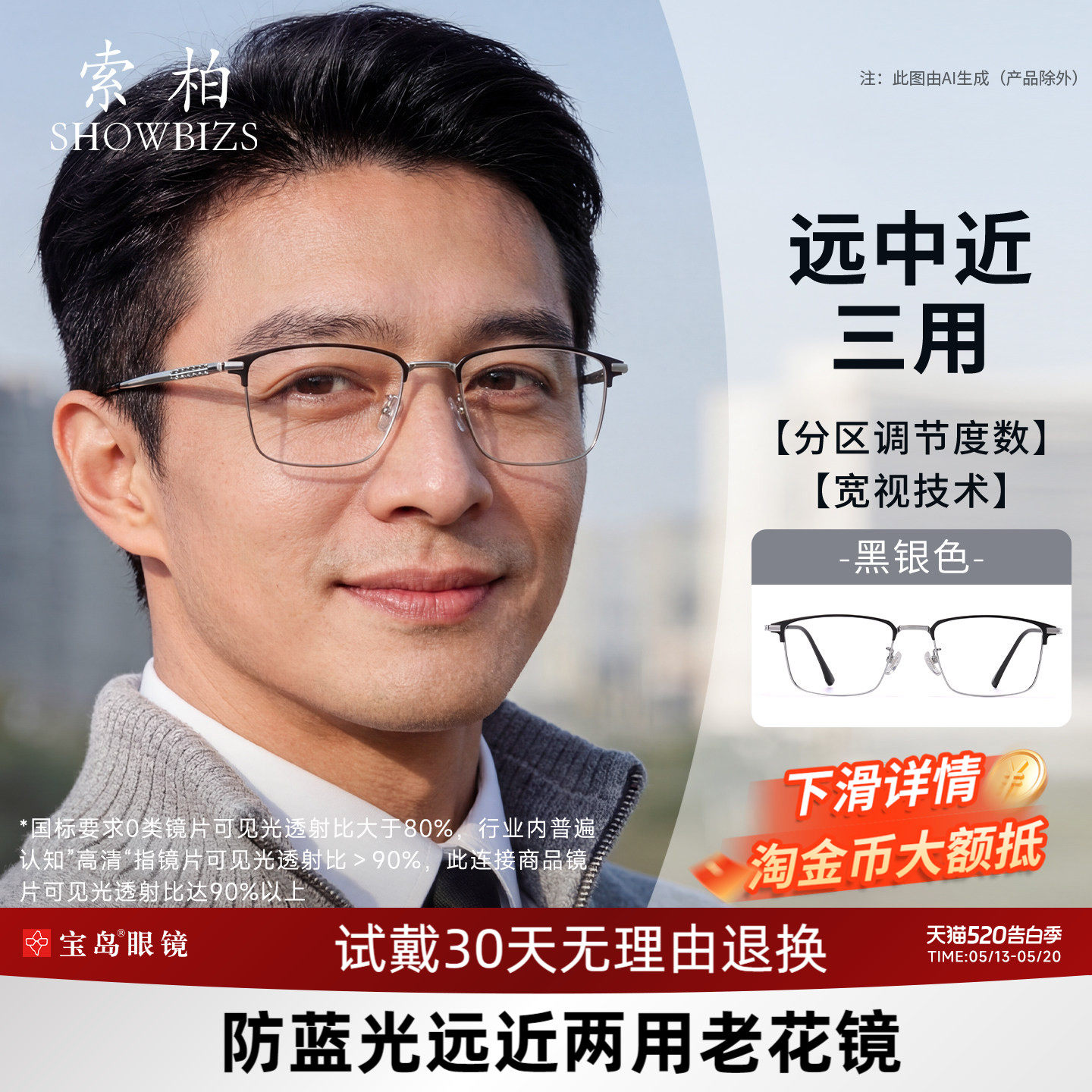 索柏老花眼镜男款远近两用调节度数变焦远中近三用高清防蓝光正品