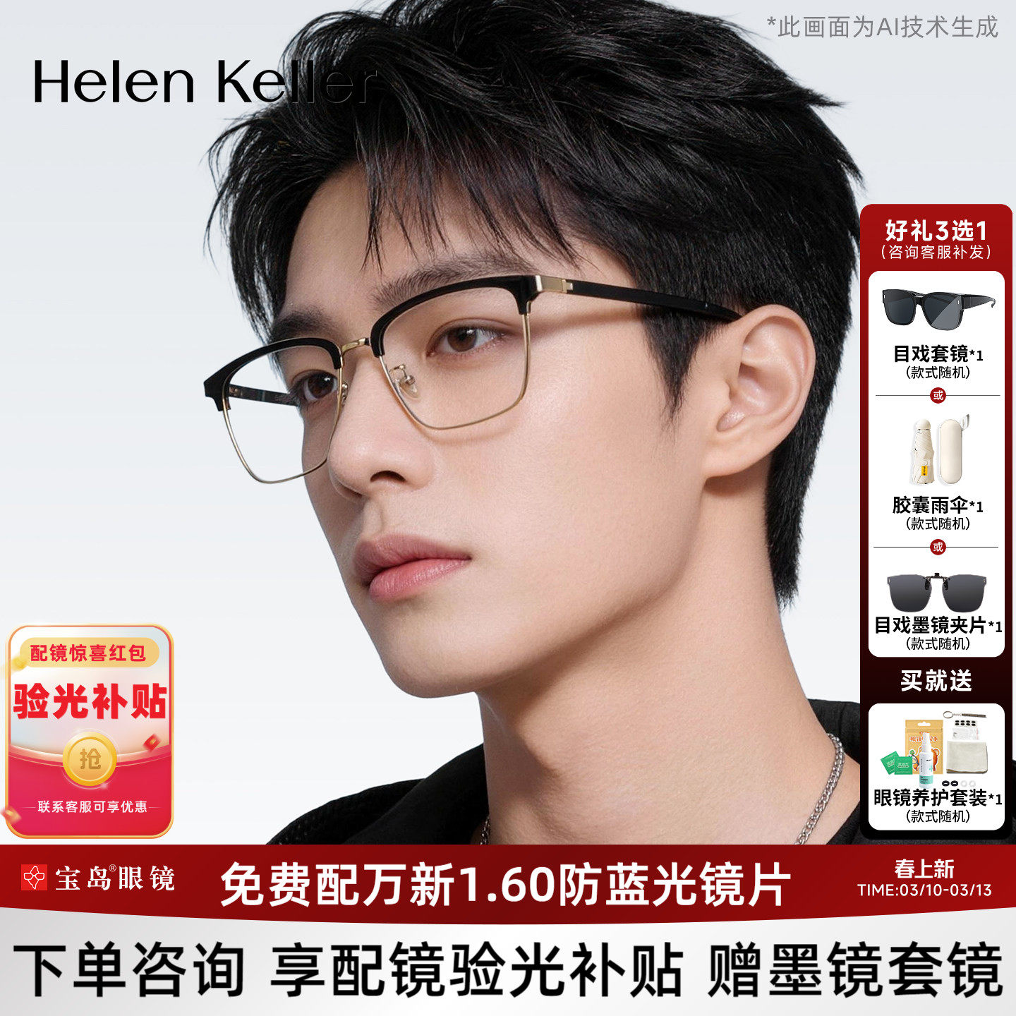 海伦凯勒近视眼镜框男经典商务休闲眉框光学镜架女可配度数H26129