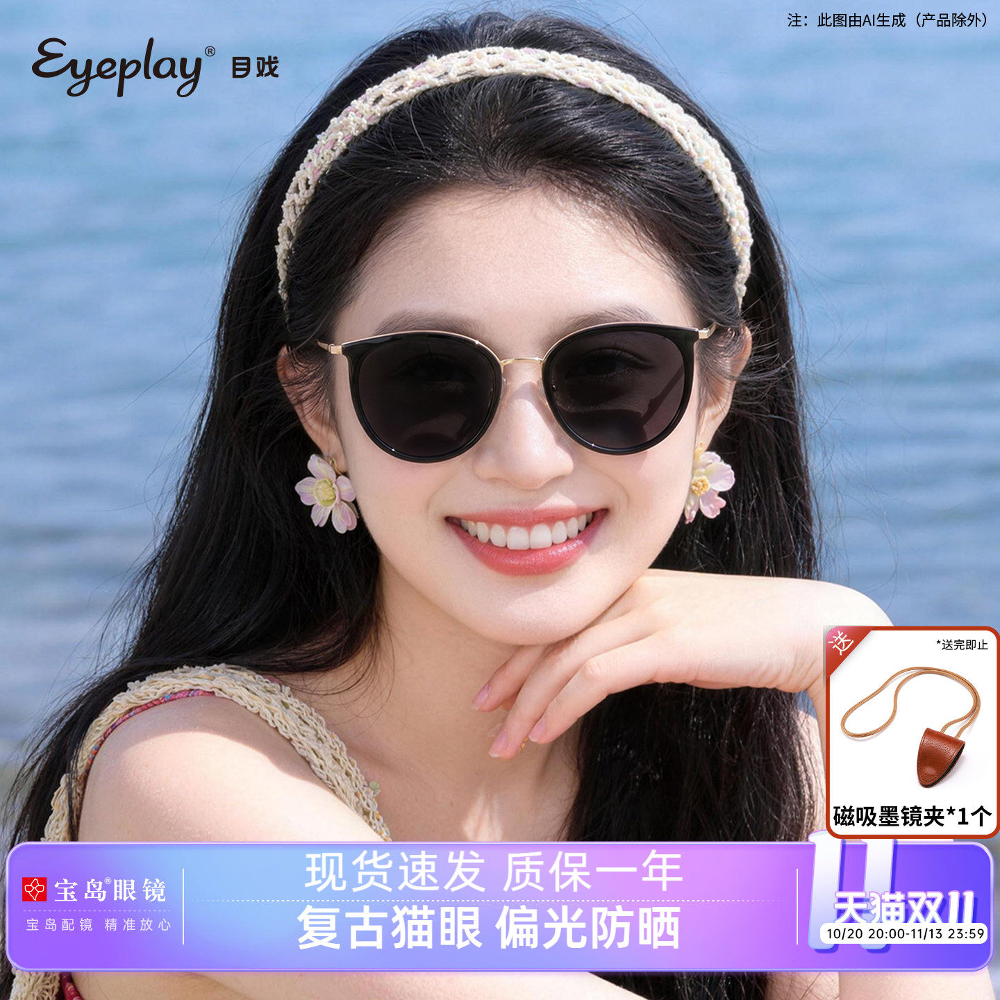 目戏女式高级感墨镜UV400防晒防紫外线太阳镜女偏光太阳眼镜宝岛