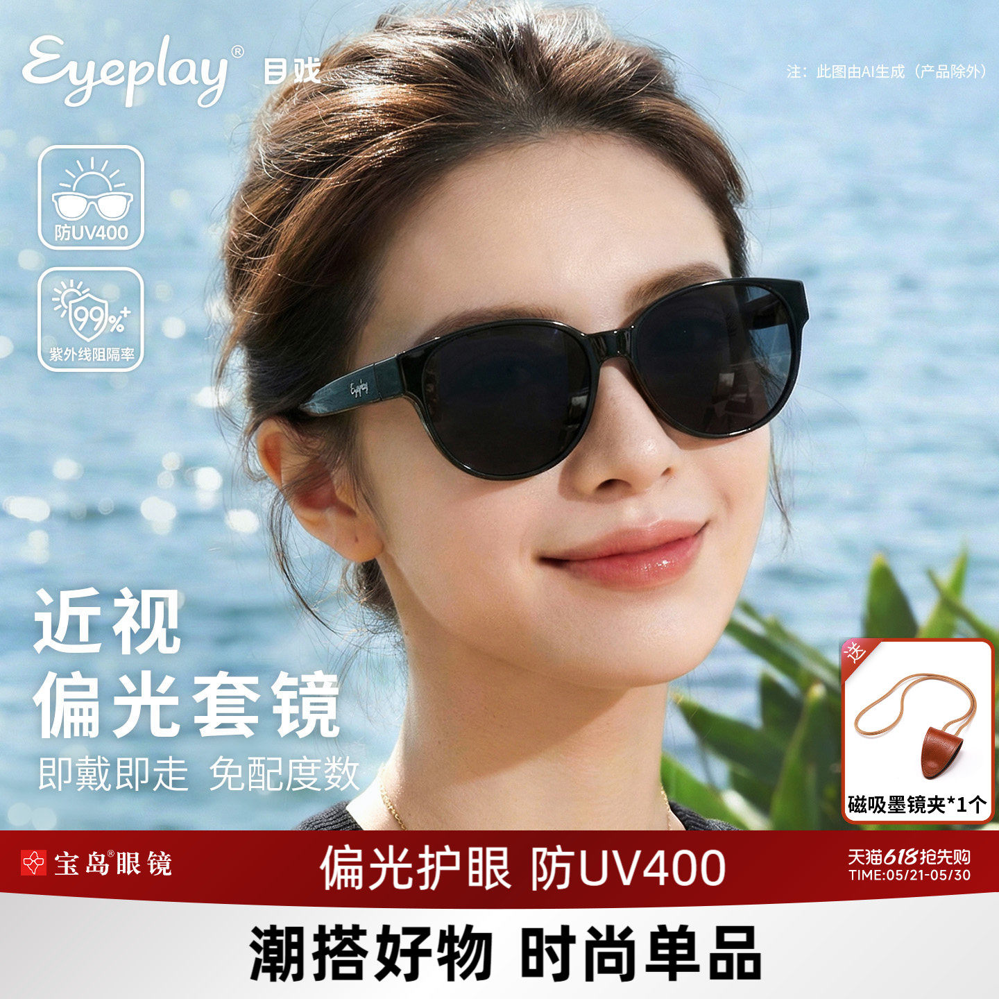 目戏近视专用墨镜套镜女方圆框高级感太阳镜可套近视镜墨镜76007