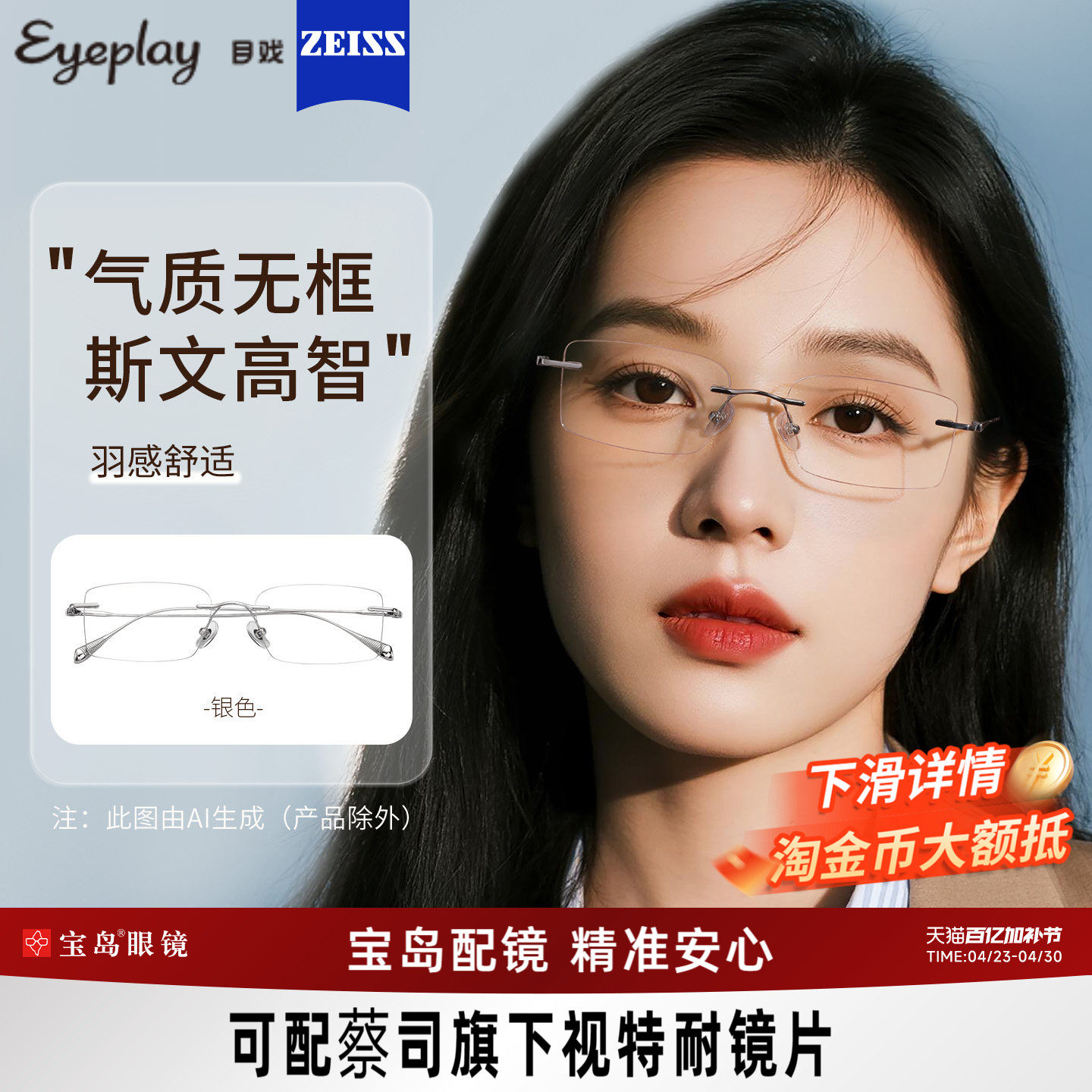 目戏无边框近视眼镜女可配度数可选蔡司镜片无框眼镜框镜架23005