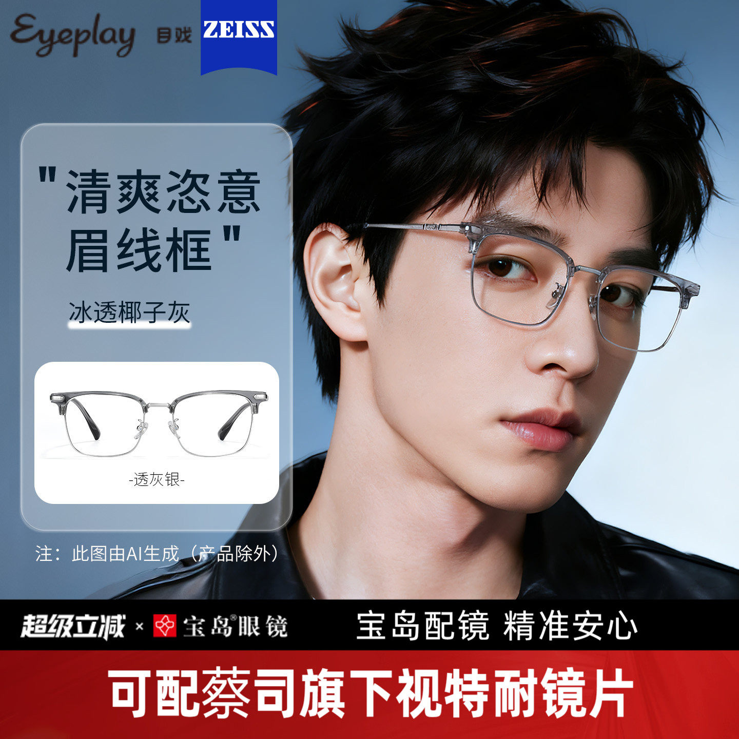 目戏透明斯文近视眼镜可配蔡司度数可选防蓝光眼镜框镜架男71009