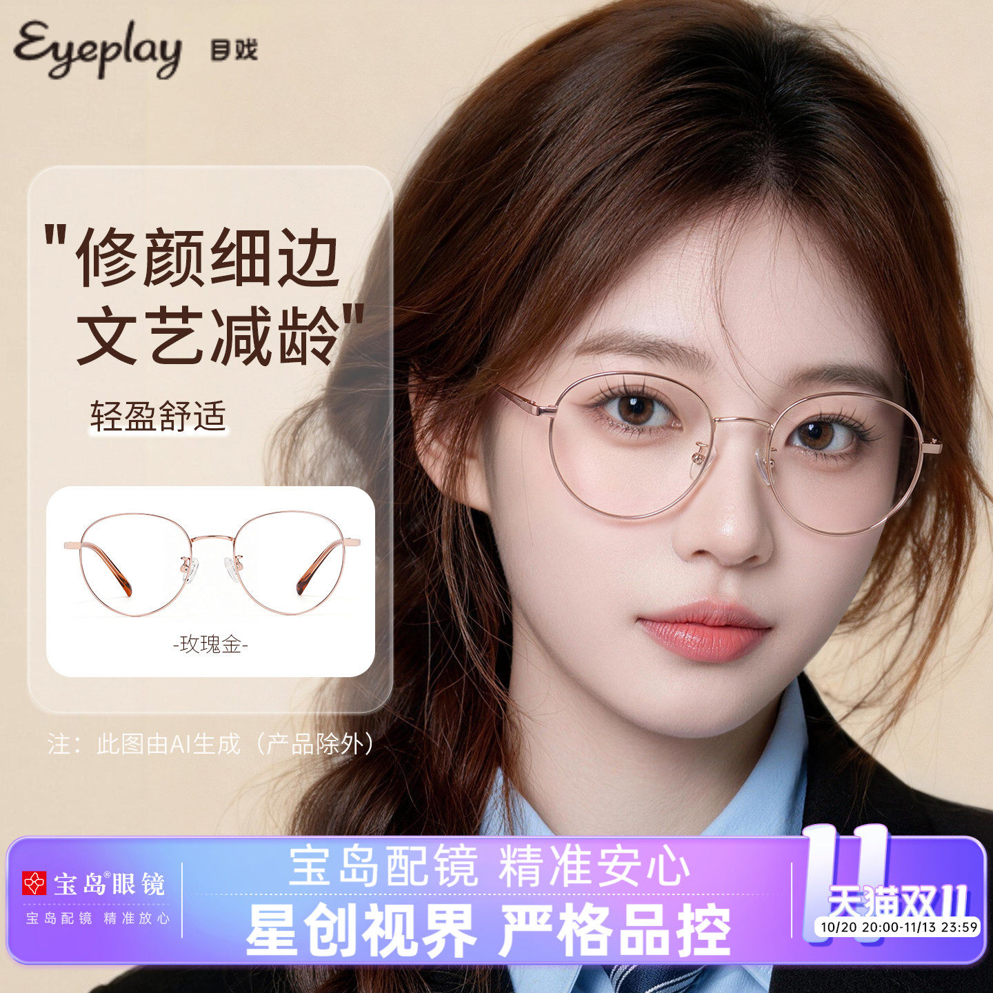 目戏轻盈钛合金镜腿近视眼镜女小框文艺圆框可配防蓝光镜片1059