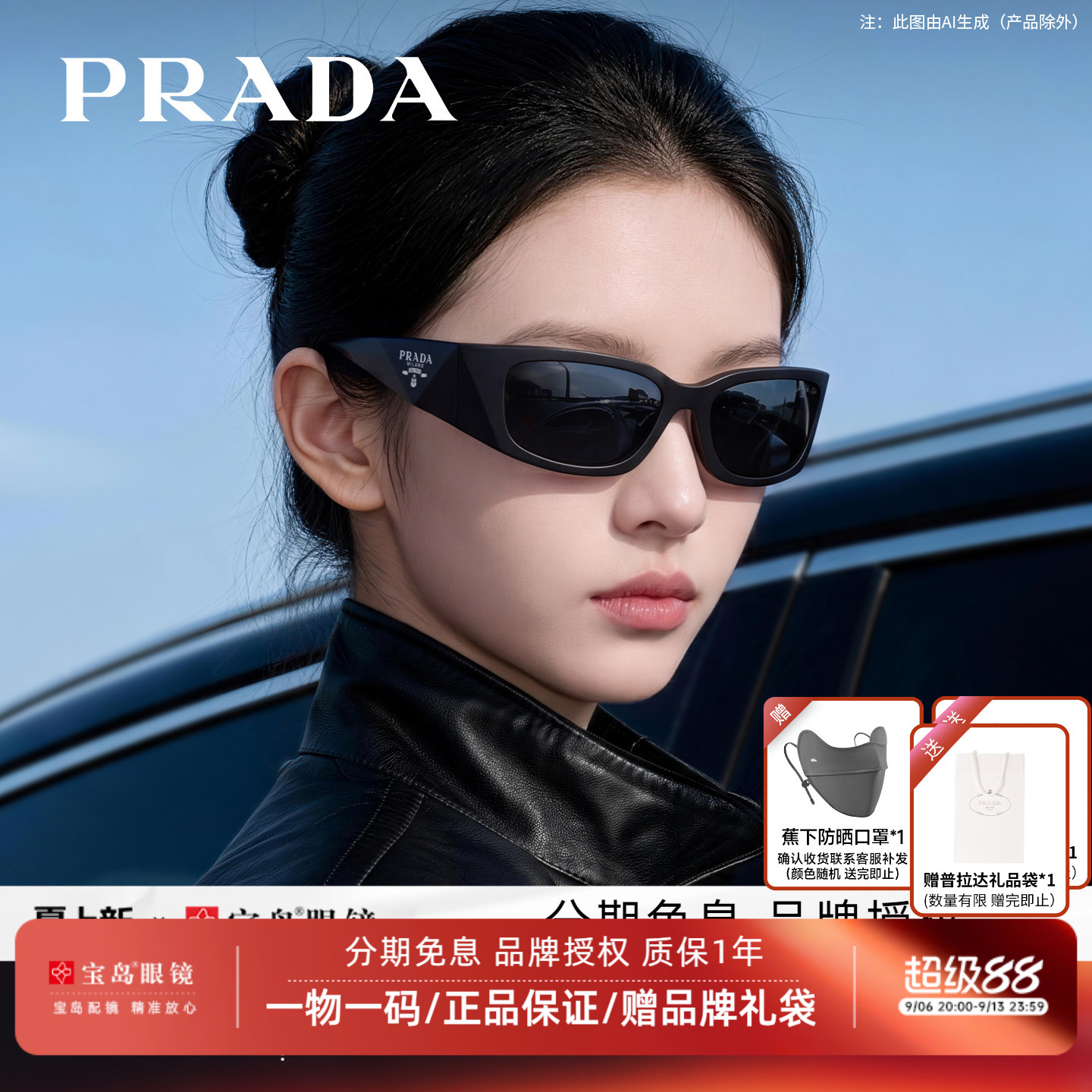 PRADA普拉达墨镜发箍太阳镜小窄方框护目镜男女潮流遮阳眼镜A14S