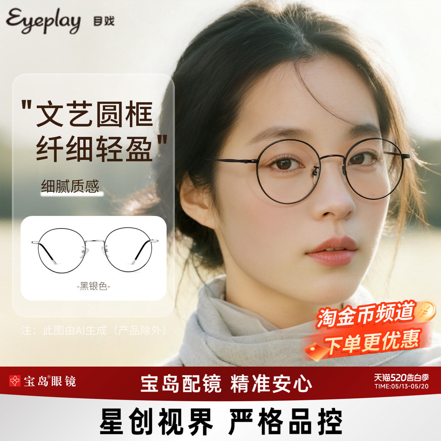 目戏防蓝光辐射眼镜护眼无度数平光镜文艺圆框近视可配度数1025