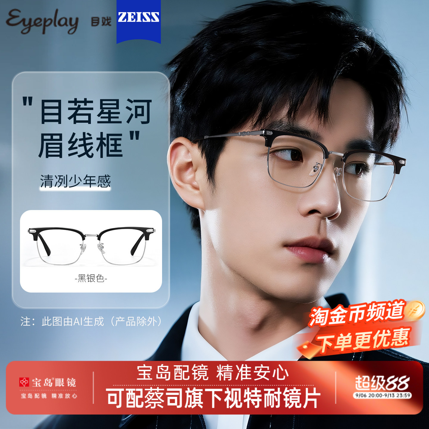目戏近视眼镜可配蔡司度数可选变色防蓝光半框眼镜框镜架男71009