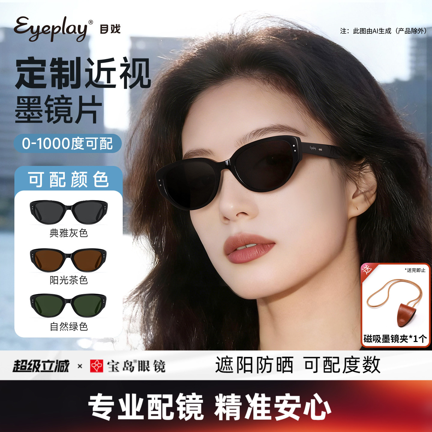 目戏定制太阳镜女款带度数方圆脸猫眼太阳眼镜近视墨镜女可配度数