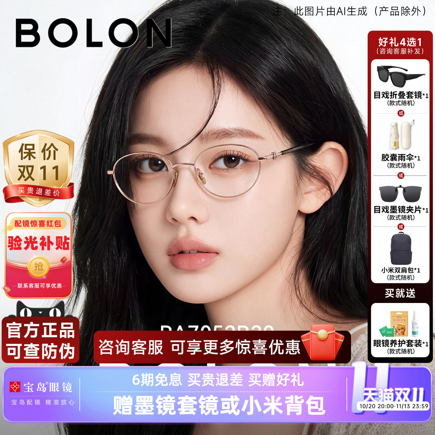 暴龙近视眼镜框女新品百搭素颜椭圆书呆子钛合金光学镜架BA7052