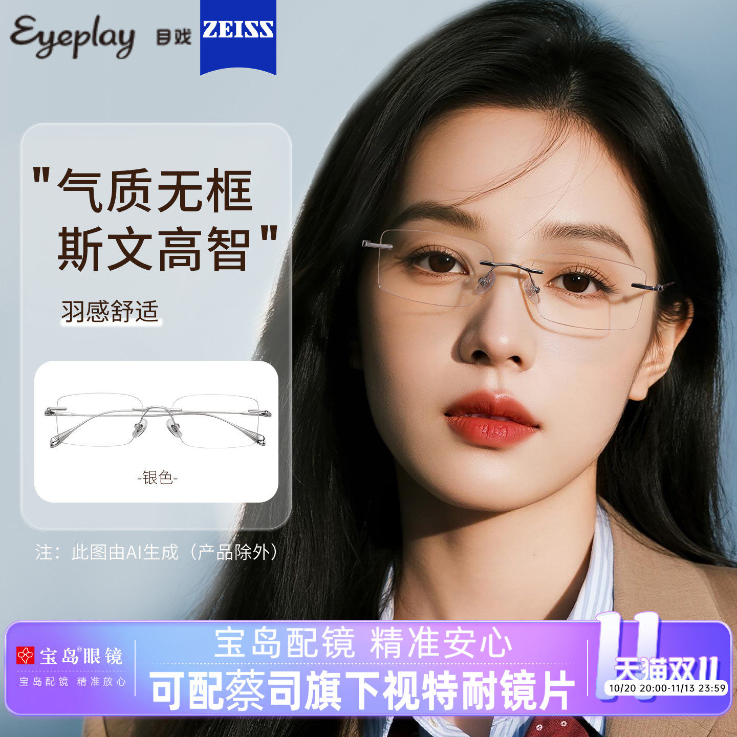 目戏超轻无框近视眼镜女可配度数
