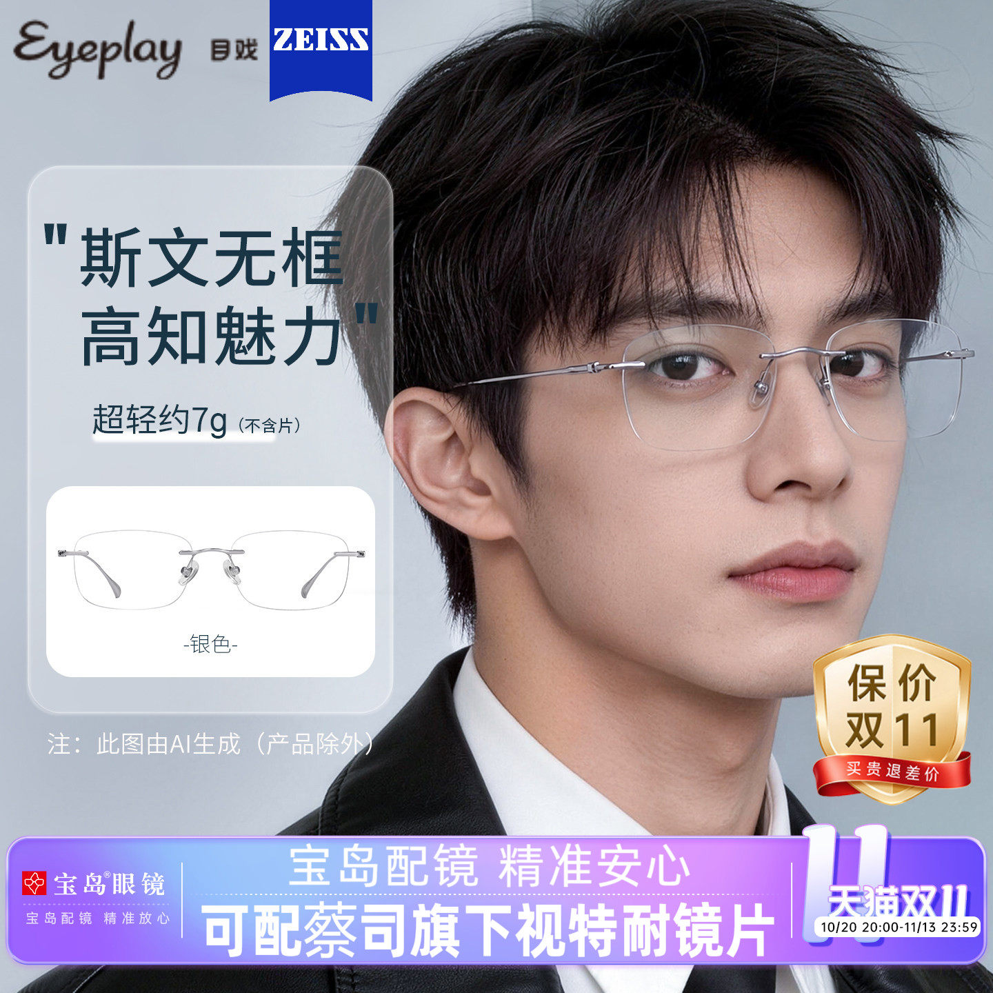 目戏斯文无框眼镜男近视可配度数镜片可选防蓝光眼镜框镜架19002