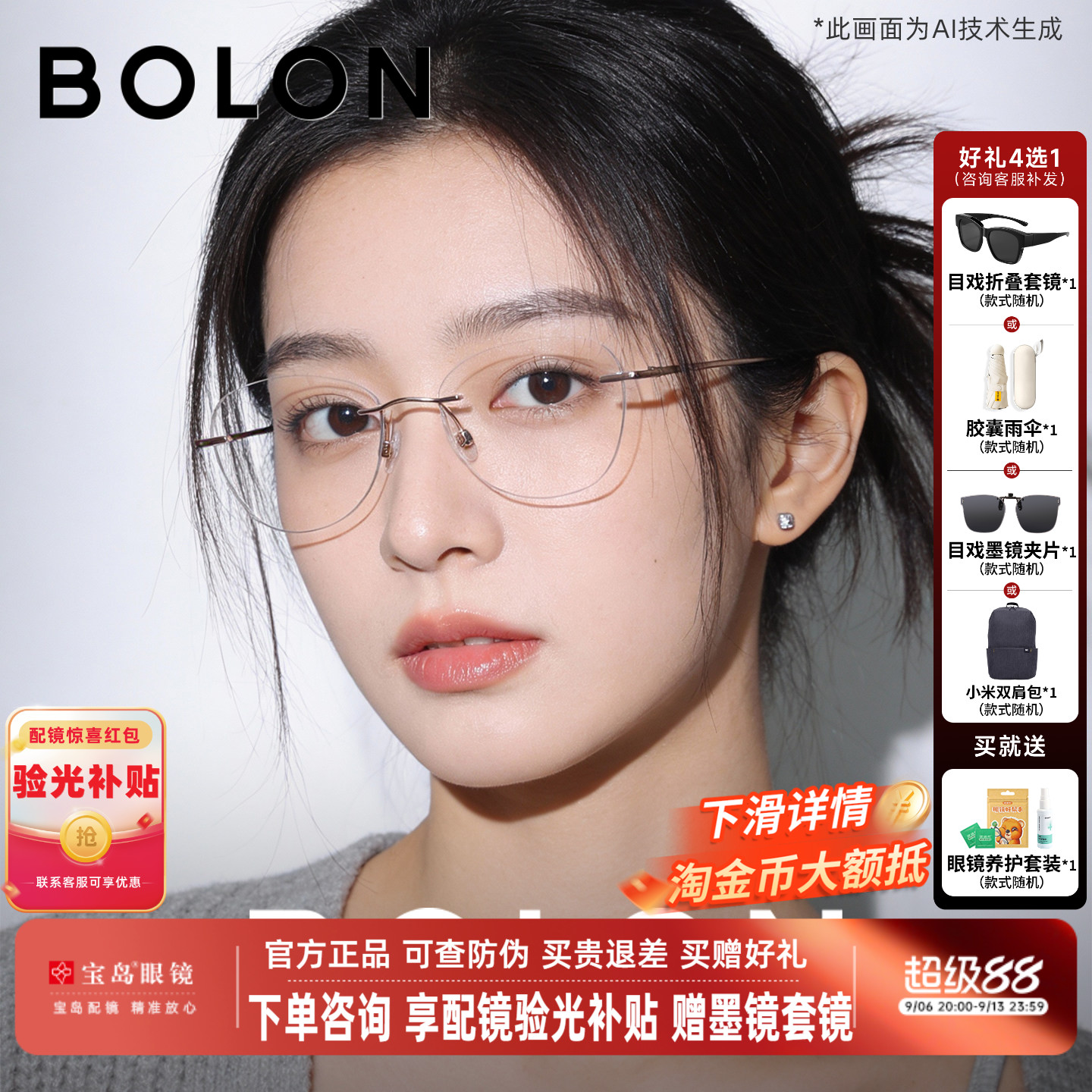暴龙无框近视眼镜架蝶形钛合金气质可配度数镜片光学镜框女BT1592