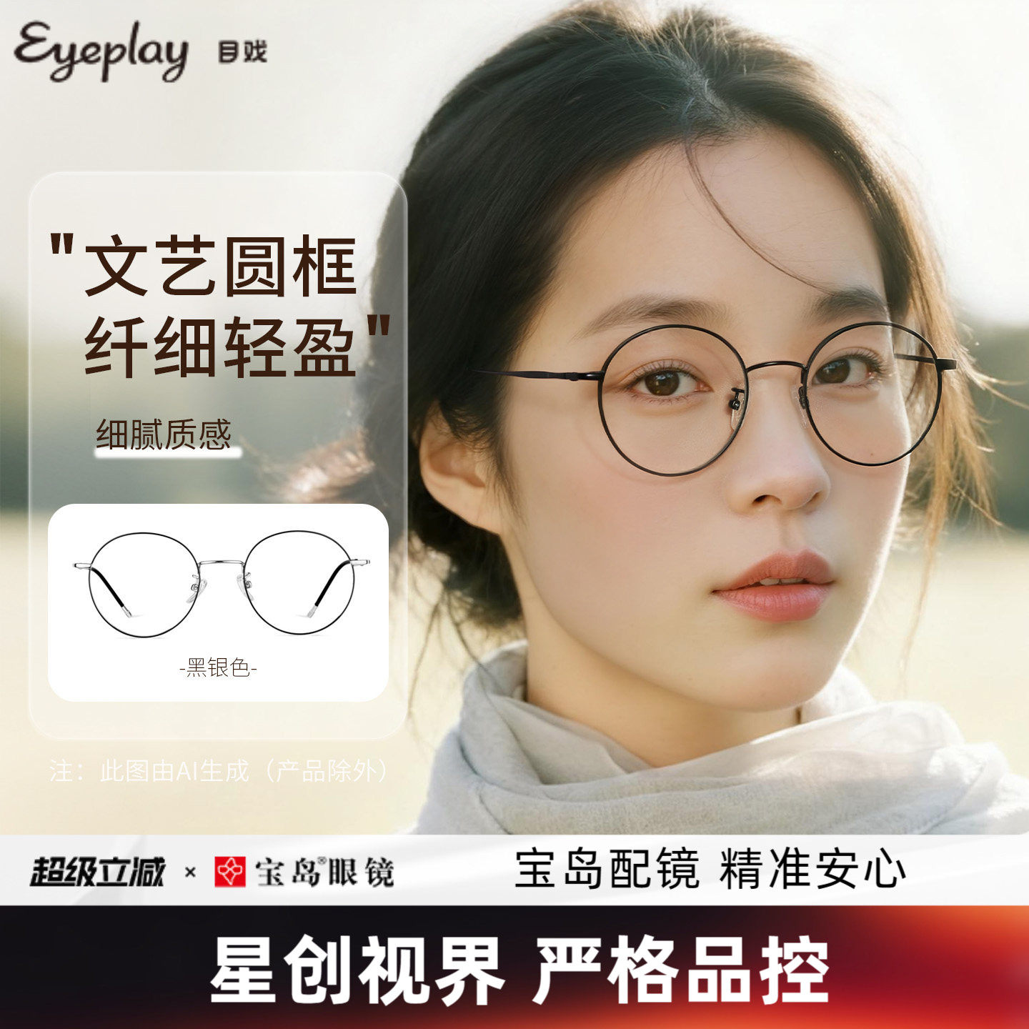 目戏防蓝光辐射眼镜护眼无度数平光镜文艺圆框近视可配度数1025
