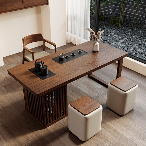 阳台实木茶桌简约现代家用客厅办公小茶台北美白蜡木茶盘茶几一体