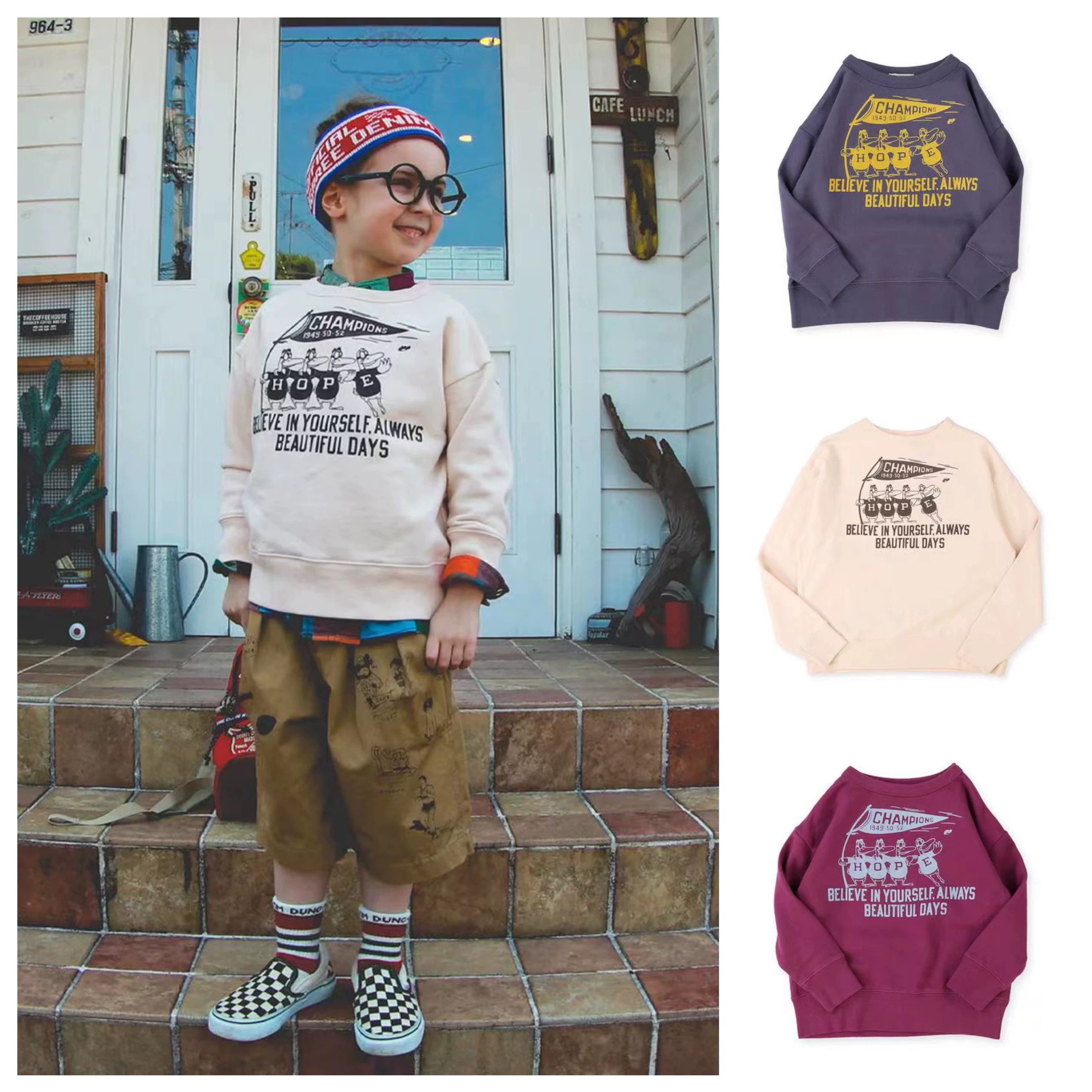 日系潮牌童装｜原/25秋冬男女童通用亲子HOPE旗帜鸭子卫衣