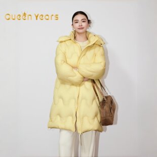 商场同款2025冬季新款波浪线长款泡芙布朗尼立领连帽羽绒服女显白