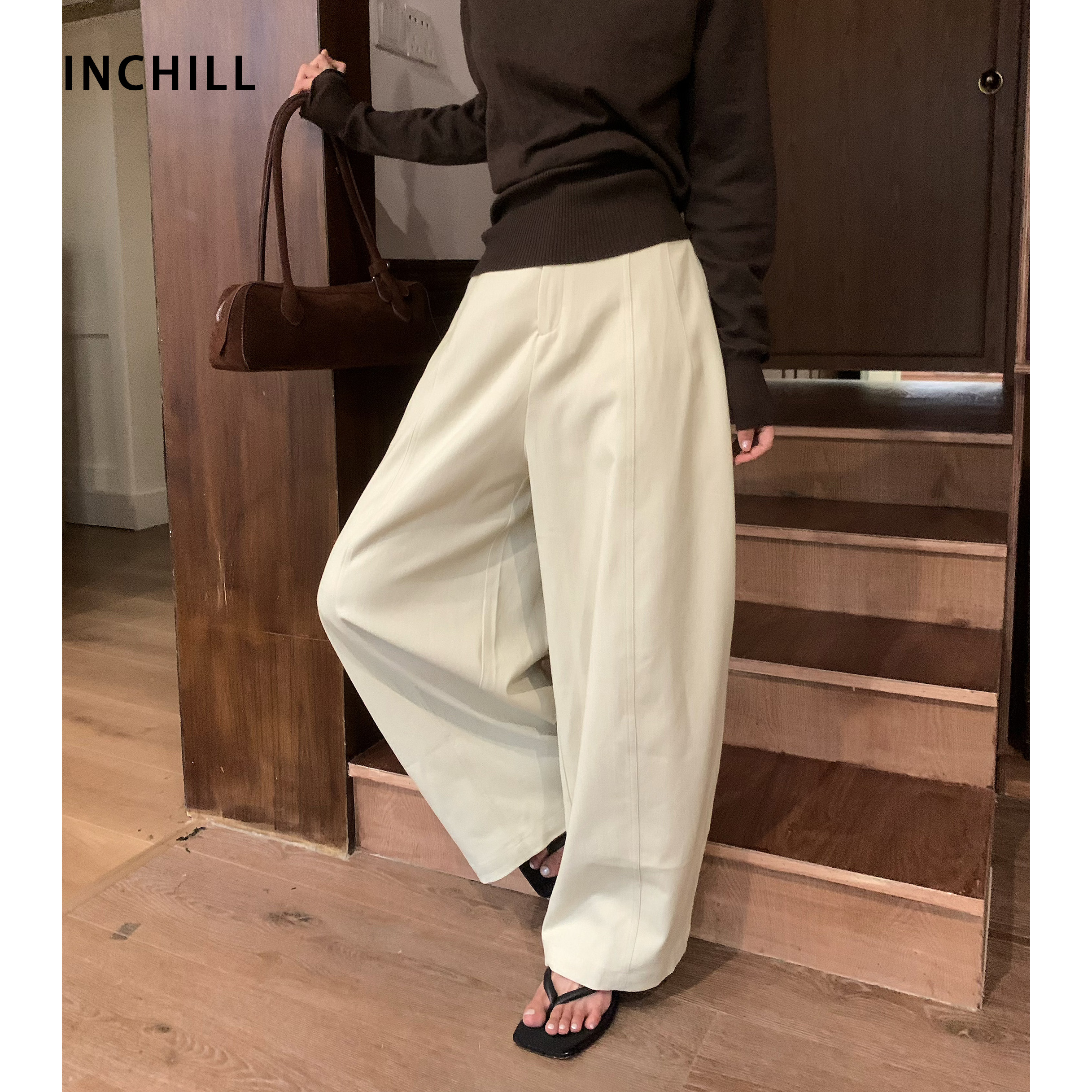 INCHILL 复古老钱风阔腿长裤女高腰宽松慵懒感拖地裤百搭休闲裤