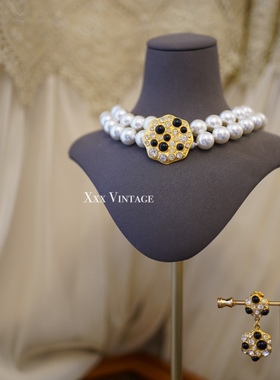 vintage80年代美国品牌打标复古双层珍珠项链耳夹套装