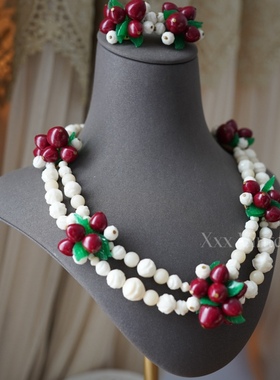 vintage60s 西德germany水果串珠造型复古耳夹项链套装