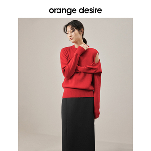 女2022新秋冬圆领显瘦蝴蝶结毛衣圣诞红 orange desire露肩针织衫