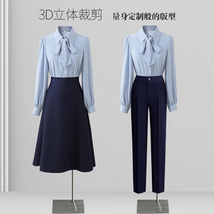 大学生面试蓝色长袖衬衣女春夏蝴蝶结职业正装小个子雪纺上班衬衫