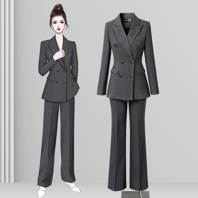 秋冬厚款灰色西装外套女阔腿裤商务时尚气质干练正装职业通勤套装