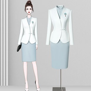 新中式西装套装女职业套裙美容院前台接待工装茶楼高端会所工作服
