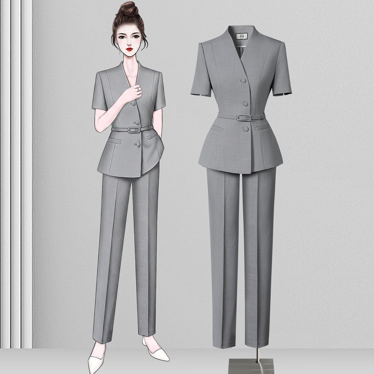 灰色西装套装女夏季薄款短袖行政管理酒店经理职业装珠宝店工作服