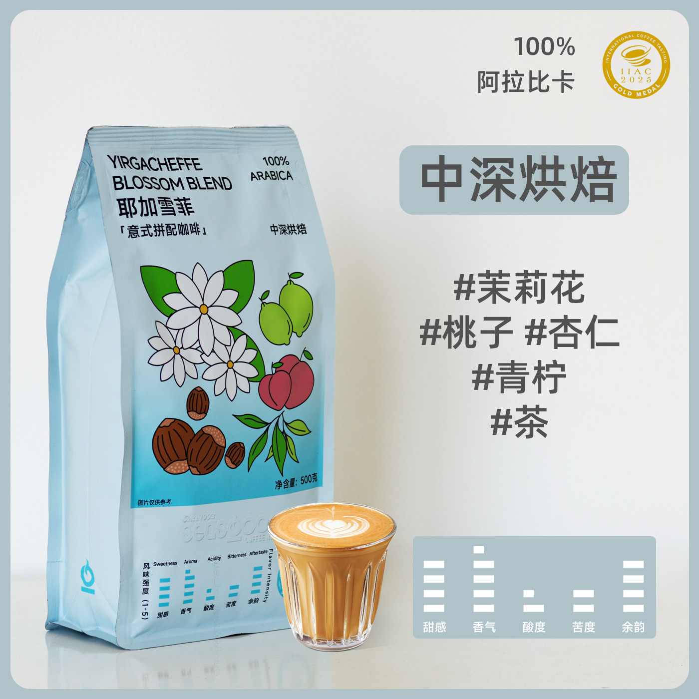 金奖咖啡豆耶加雪啡意式拼配100%阿拉比卡咖啡豆500g袋装中深烘焙