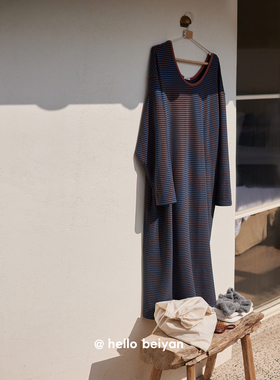 贝妍睡裙女春秋长袖氛围感条纹睡衣柔软棉慵懒风长款连衣裙可外穿