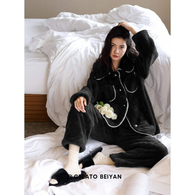 贝妍珊瑚绒睡衣女款秋冬季加厚保暖法兰绒黑色开衫家居服大码套装