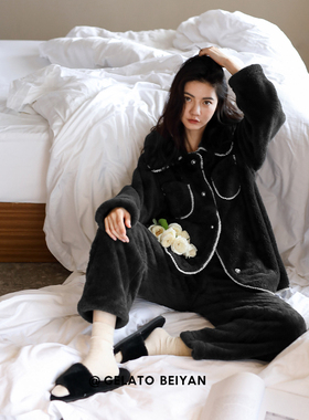 贝妍珊瑚绒睡衣女款秋冬季加厚保暖法兰绒黑色开衫家居服大码套装