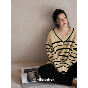 贝妍珊瑚绒睡衣女款冬季保暖半边绒V领家居服韩系慵懒风条纹套装