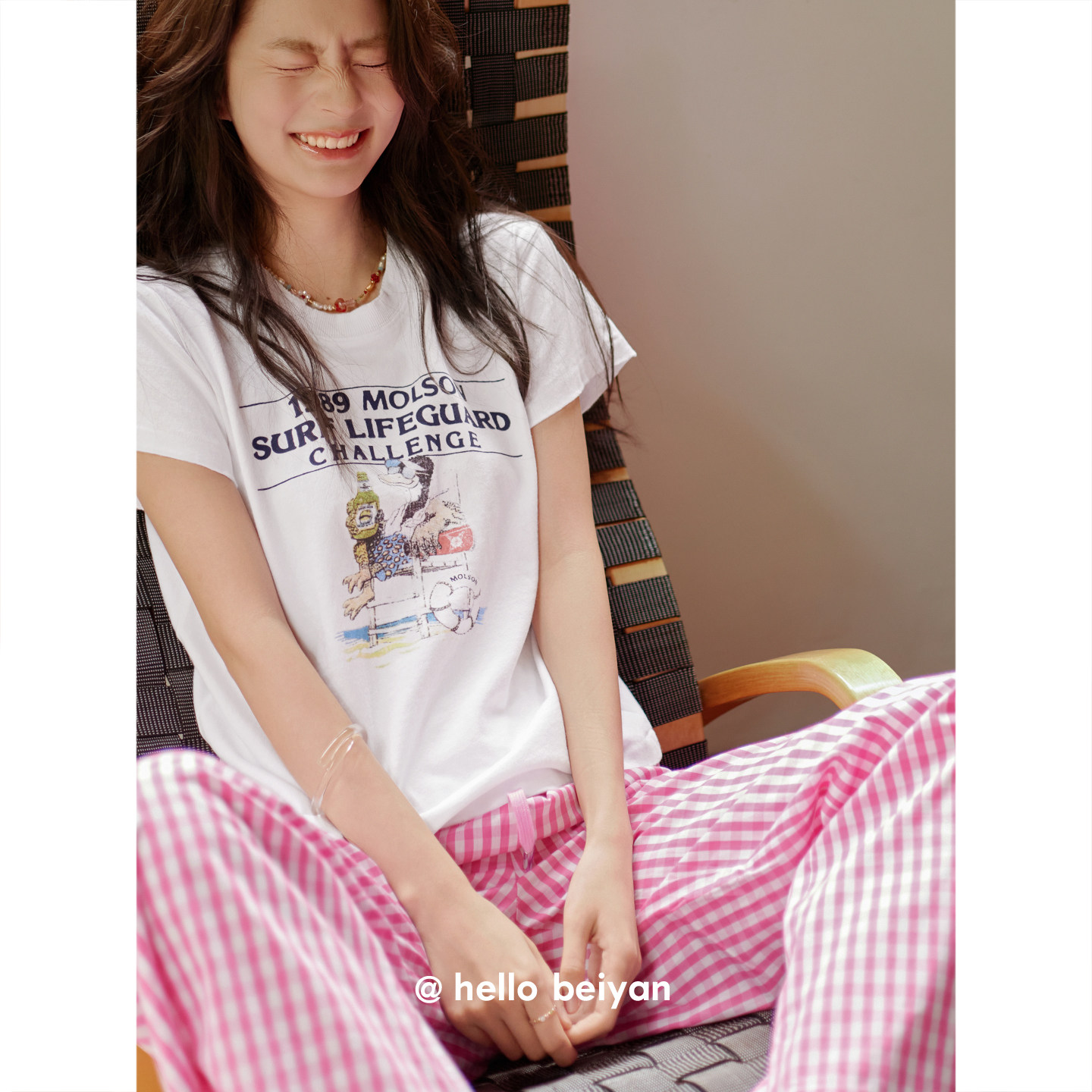 贝妍睡衣女夏季凉感修身显瘦短袖格子长裤家居服卡通少女外穿套装