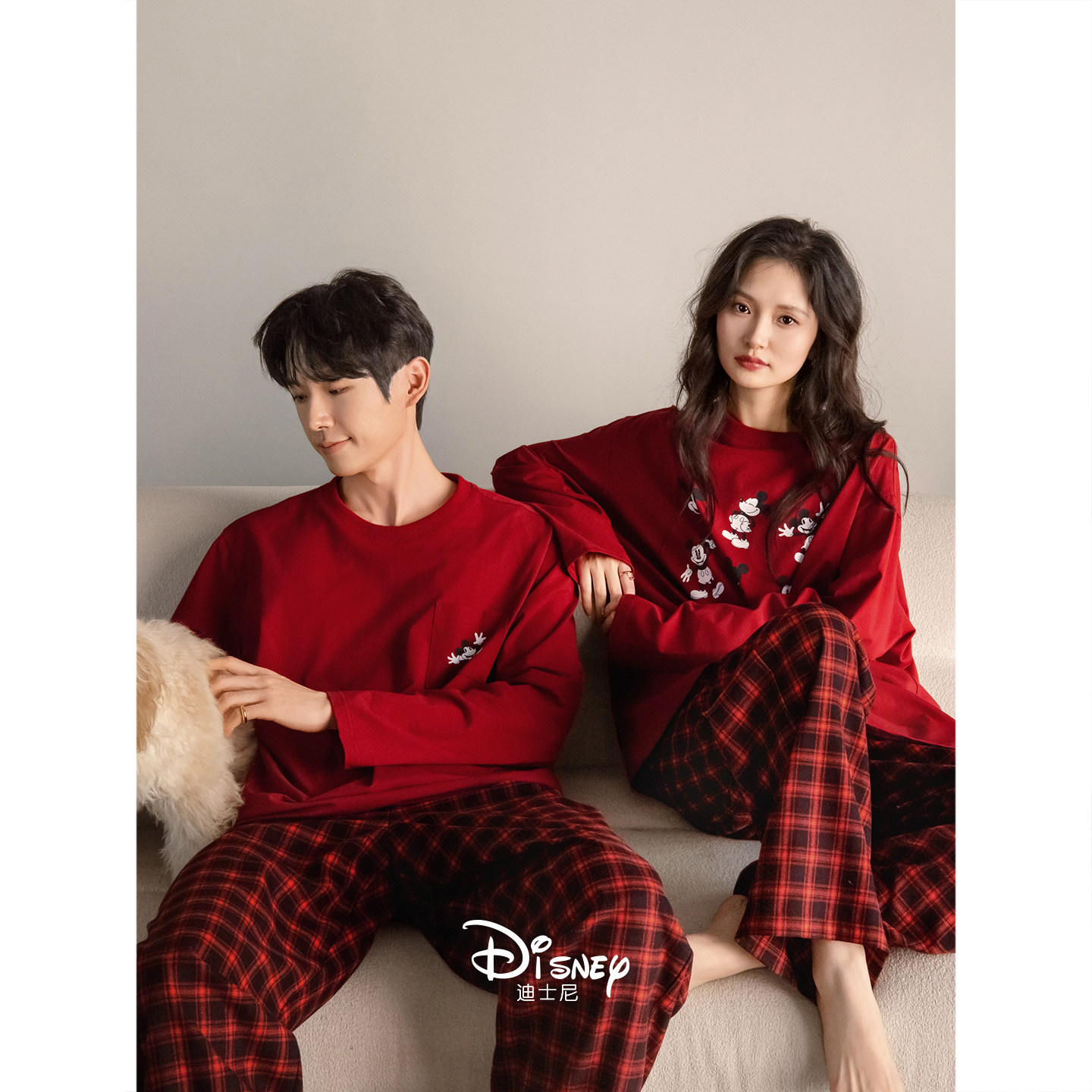 迪士尼新婚情侣睡衣女款春秋季可爱米奇长袖套装男红色结婚家居服