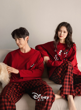 迪士尼新婚情侣睡衣女款春秋季可爱米奇长袖套装男红色结婚家居服