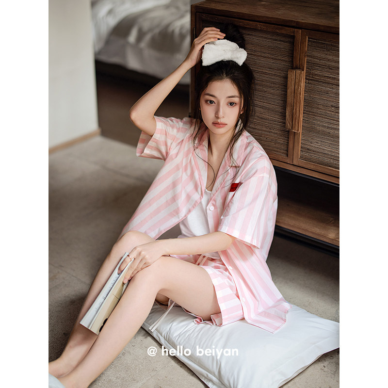 贝妍睡衣女夏季薄款纯棉开衫短袖家居服粉嫩条纹少女宽松大码套装