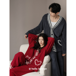 本命年红半边绒家居服男新婚珊瑚绒套装 贝妍结婚情侣睡衣女款 冬季