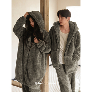 hello beiyan_雪后初霁 珊瑚绒情侣睡衣女款冬季家居服男连帽套装