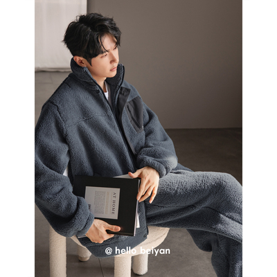 贝妍男款冬季高领保暖羊羔绒睡衣